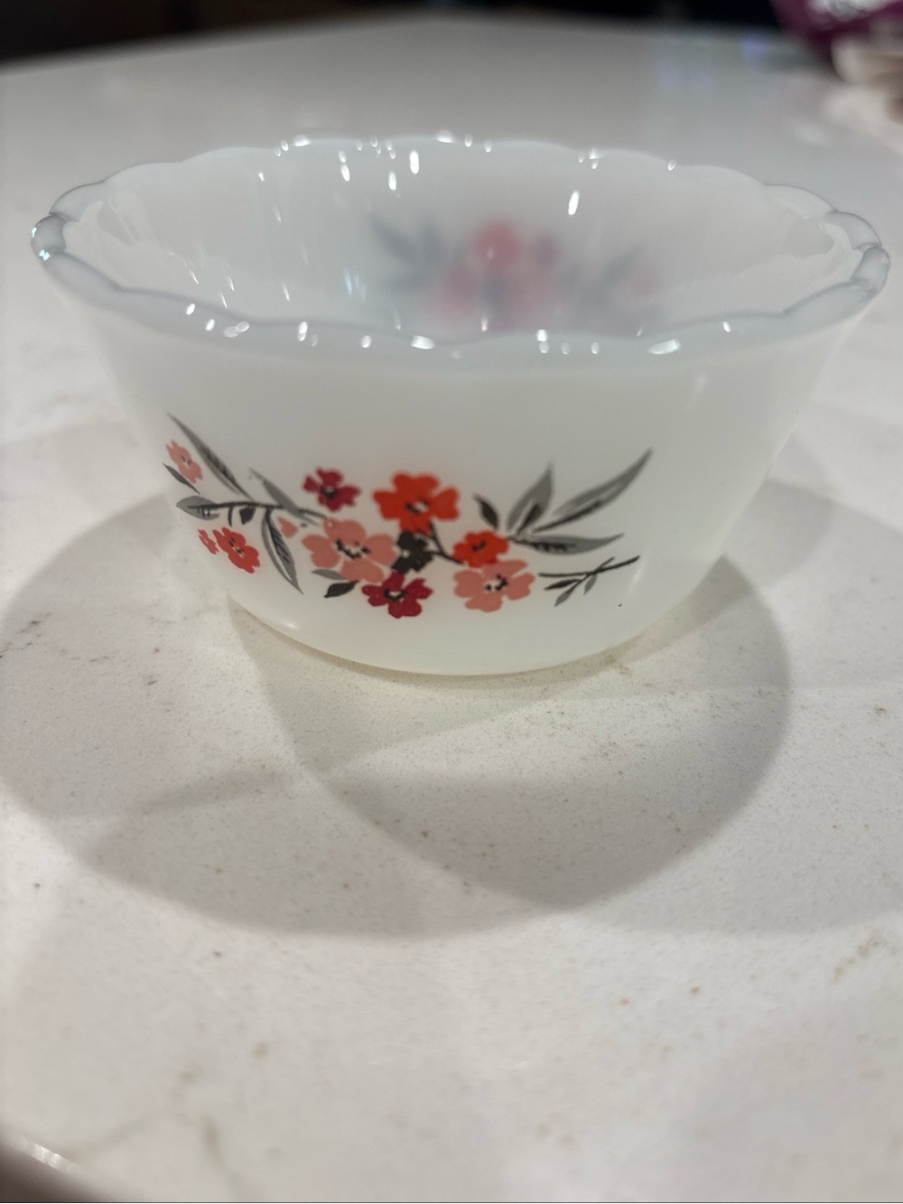 Fire King White Milk Glass Bowl with Red and Coral Floral Pattern